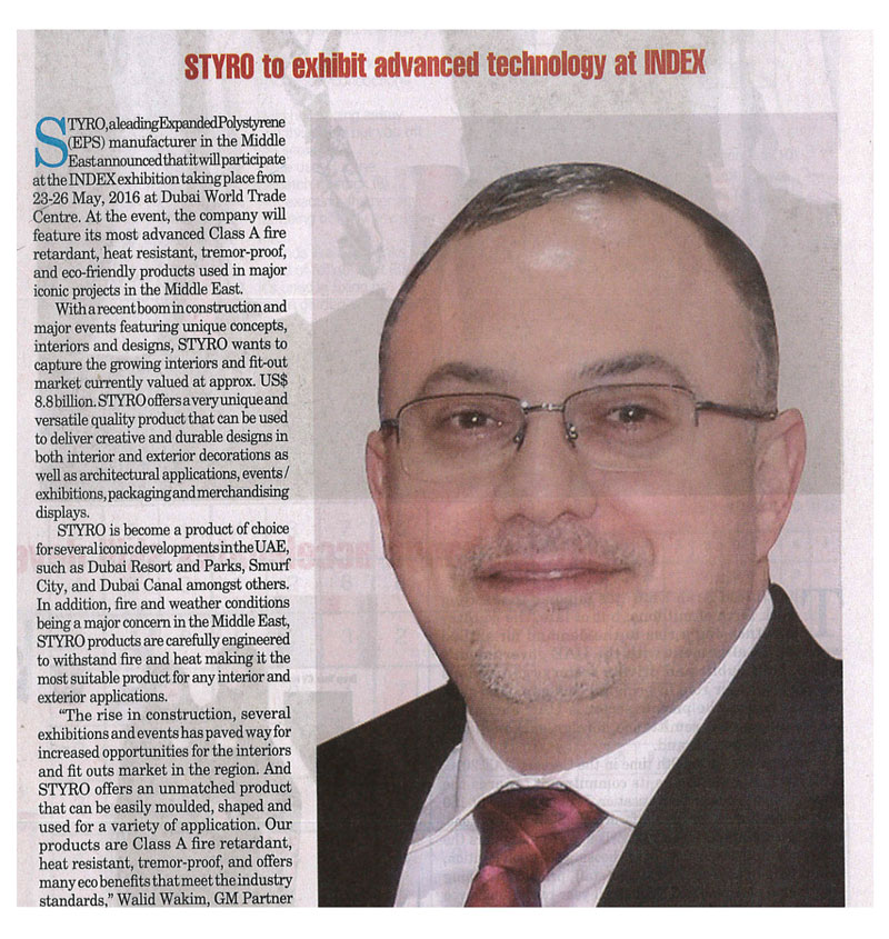 STYRO to exhibit advanced technology at Index - Newspaper article by The Gulf Today, STYRO in the News